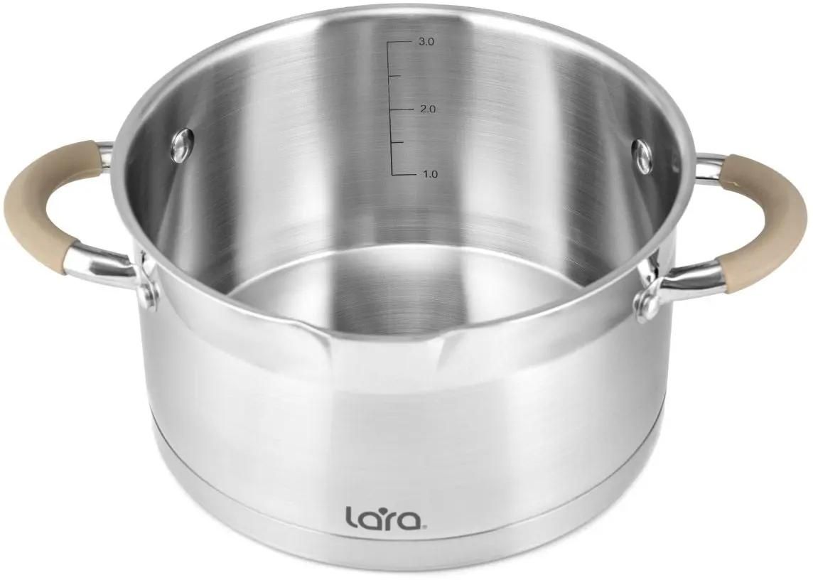 LR02-344 Кастрюля LARA (нерж) серия <Берлин> 5,7л 24x13см капс.дно, шкала, силик.накл, крыш.-дуршлаг