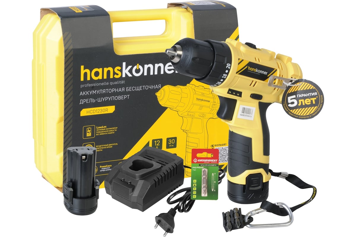 Аккумуляторная дрель-шуруповерт Hanskonner HCD1230R 12В, 2 акк. 2,0 Ач, 30Нм, кейс