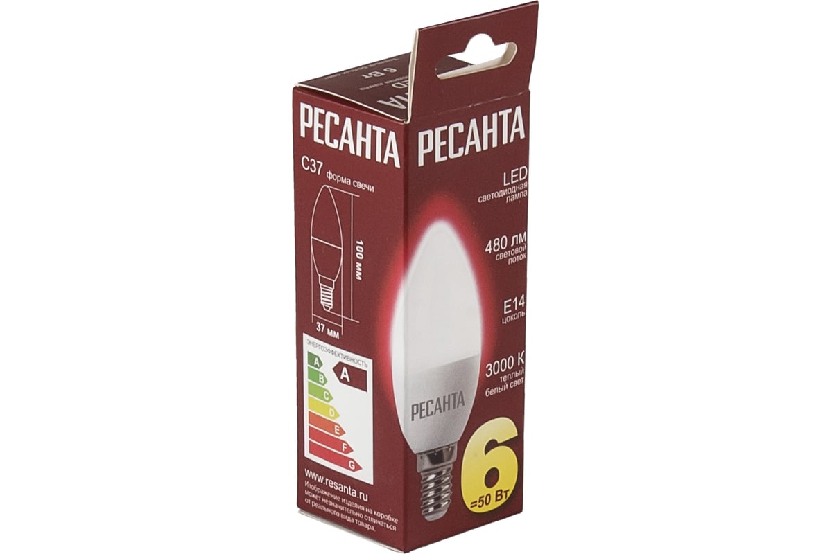 Лампа светодиодная РЕСАНТА 76/1/3, E14, C37, 6Вт тепл.св.