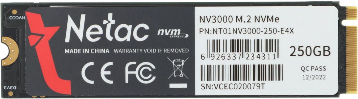 Накопитель SSD Netac 250GB M.2 2280 NV3000 NVMe PCIe NT01NV3000-250-E4X (heat sink)