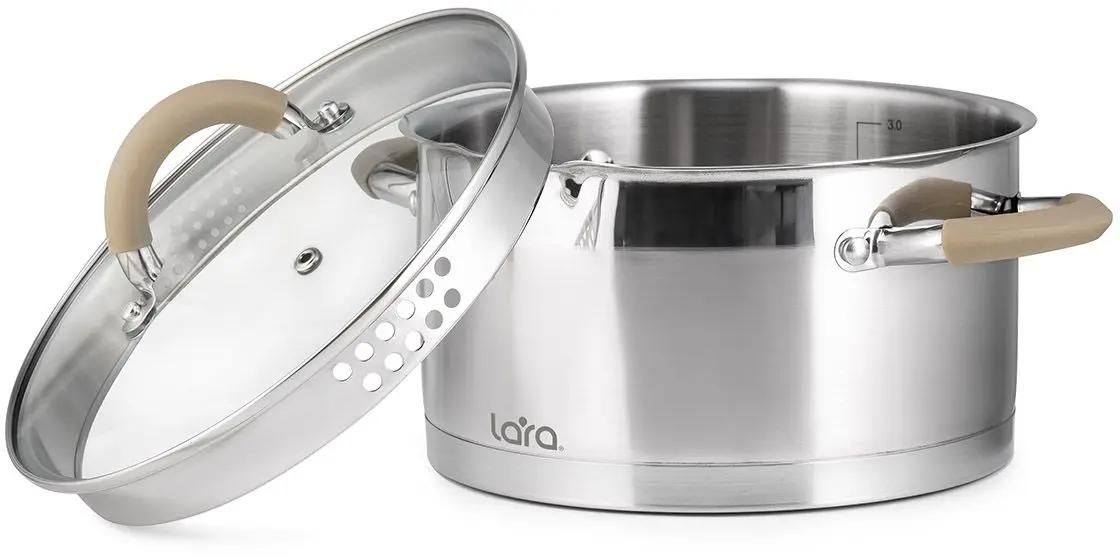 LR02-344 Кастрюля LARA (нерж) серия <Берлин> 5,7л 24x13см капс.дно, шкала, силик.накл, крыш.-дуршлаг