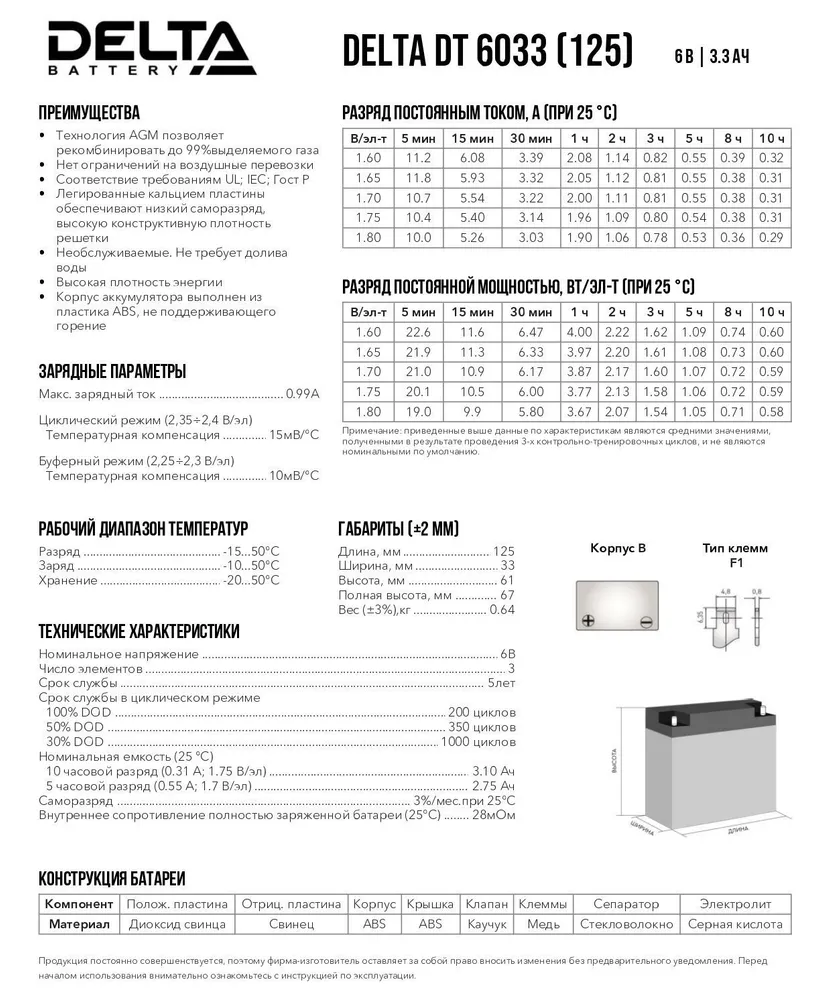 Аккумуляторная батарея Delta DT 6033 (125мм) напряжение 6В, емкость 3,3Ач (125х33х67mm)