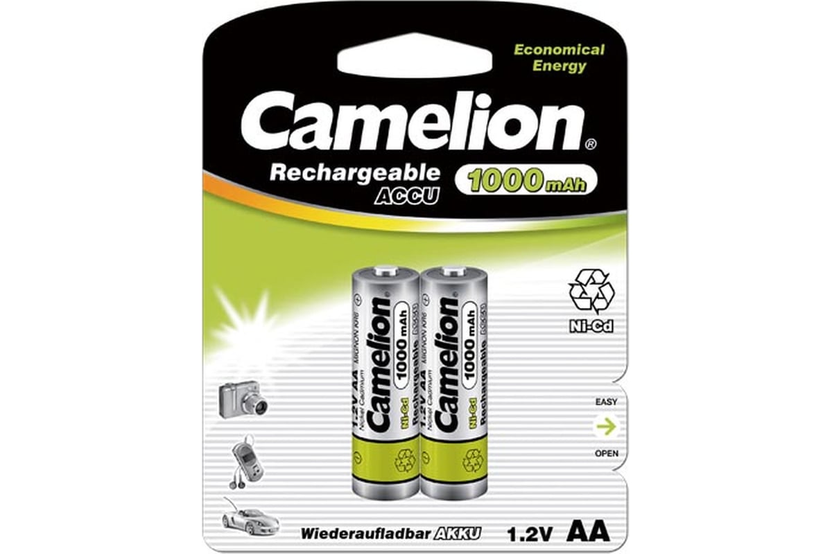 Аккумулятор Camelion AA-1000mAh Ni-Cd BL-2 (NC-AA1000BP2, аккумулятор,1.2В) (2 шт. в уп-ке)