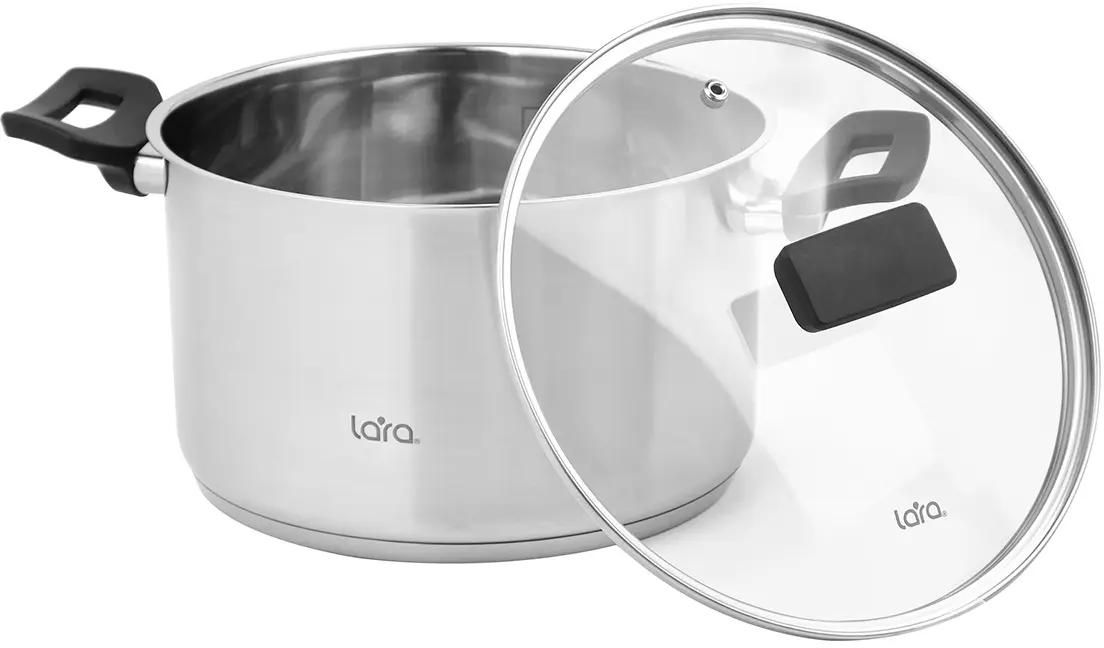 Кастрюля LARA LR02-249 (нерж) ВЕСТА 22x13,5см 5.1л, капсулированное индукционное дно, стекл. крышка